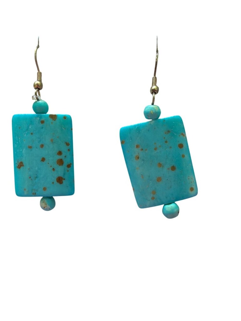 Silver Tone Dyed Howlite Slab Dangle Earrings Blue Turquoise 2" Hooks 6.37g